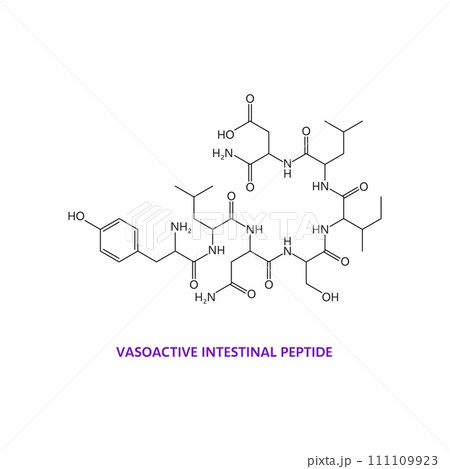 Neurotransmitter chemical formula of vasoactive intestinal peptide, vector molecule structure. Neuroscience icon of vasoactive intestinal polypeptide or hormone and amino acid molecular formula Neurotransmitter chemical formula of vasoactive intestinal peptide, vector molecule structure. Neuroscience icon of vasoactive intestinal polypeptide or hormone and amino acid molecular formula 111109923