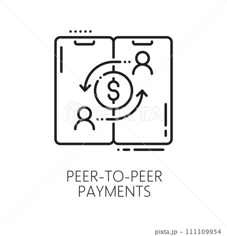 Cryptocurrency online transaction, blockchain technology and peer to peer payment fintech line icon. Network cryptocurrency, digital commerce and finance, mobile payment technology line vector sign 111109954