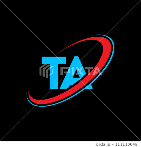 TA T A letter logo design. Initial letter TA linked circle uppercase monogram logo red and blue. TA logo, T A design. ta, t a 111110048