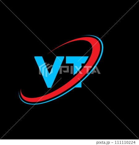 VT V T letter logo design. Initial letter VT linked circle uppercase monogram logo red and blue. VT logo, V T design. vt, v t 111110224