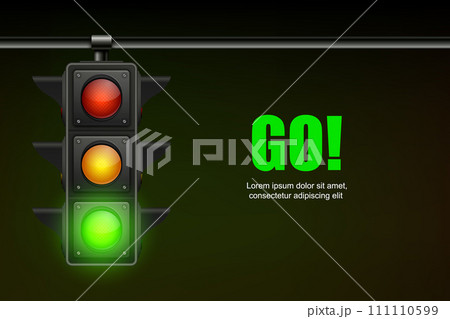 Vector Realistic Banner with Hanging Traffic Light with Glowing Green Permissive Signal Isolated on Black Background 111110599