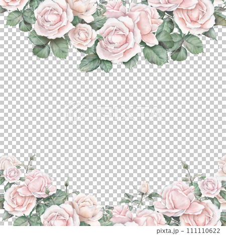 Watercolor invitation design with light cream roses and leaves. Botanical watercolor illustration flower. Template background with floral element. Frame of hand drawn isolated background Watercolor invitation design with light cream roses and leaves. Botanical watercolor illustration flower. Template background with floral element. Frame of hand drawn isolated background 111110622