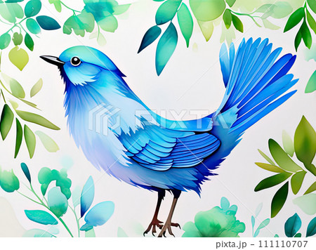 Watercolor illustration of the blue fantasy bird and herbal elements. 111110707
