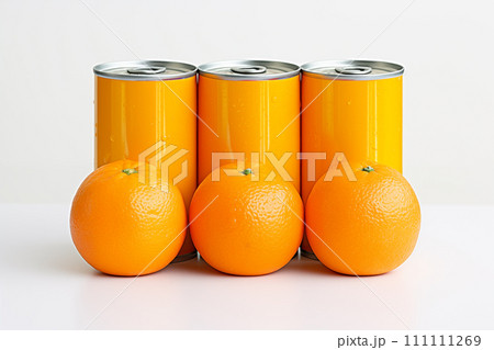 Orange cans of orange juice on a white background, close-up mockup 111111269