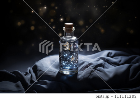 Magic potion in glass bottle with star on dark background. Witchcraft concept. 111111285