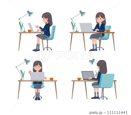 PCでデスクワークをしている紺ブレザー女子学生のセット PCでデスクワークをしている紺ブレザー女子学生のセット 111111441