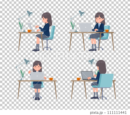 A set of female students in navy blue blazers doing desk work on a PC A set of female students in navy blue blazers doing desk work on a PC 111111441