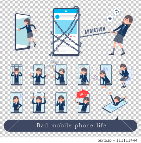 A set of female students in navy blue blazers suffering from smartphones and SNS A set of female students in navy blue blazers suffering from smartphones and SNS 111111444