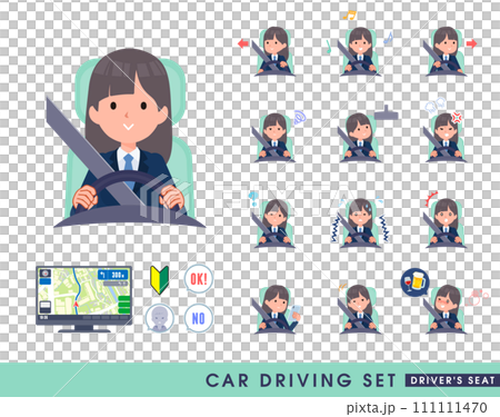 A set of female students in navy blue blazers driving a car 111111470