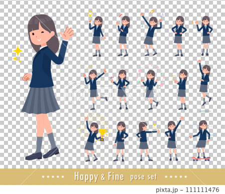 A set of female students in navy blue blazers posing cheerfully A set of female students in navy blue blazers posing cheerfully 111111476