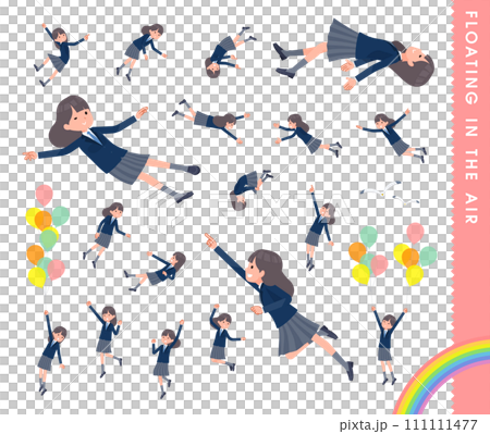 Set of female students in navy blue blazers floating in the air 111111477