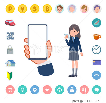 スマートフォンの画面を見る紺ブレザー女子学生のセット 111111488