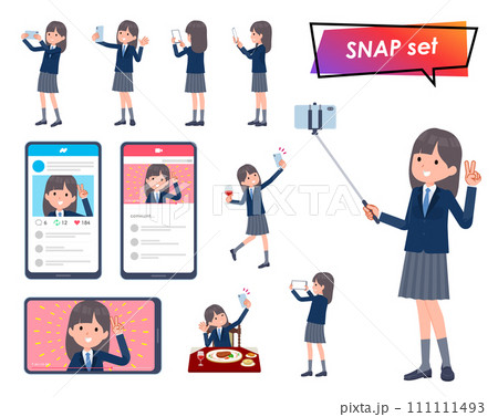 スマホで撮影する紺ブレザー女子学生のセット 111111493