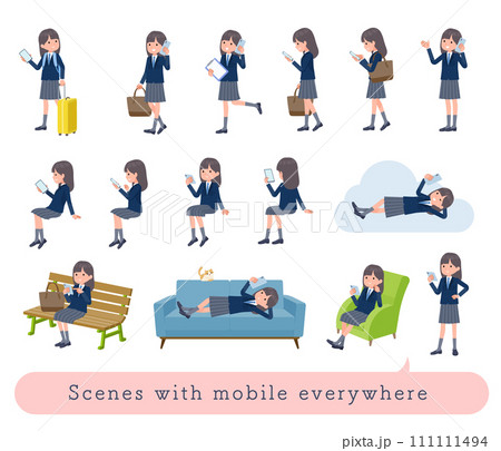 色々なシーンでスマホを使う紺ブレザー女子学生のセット 色々なシーンでスマホを使う紺ブレザー女子学生のセット 111111494