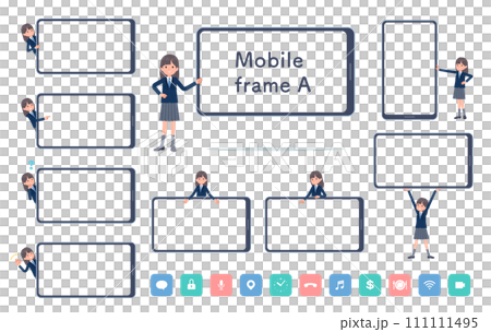 一組帶有智慧型手機螢幕和海軍藍色西裝外套的女學生 一組帶有智慧型手機螢幕和海軍藍色西裝外套的女學生 111111495