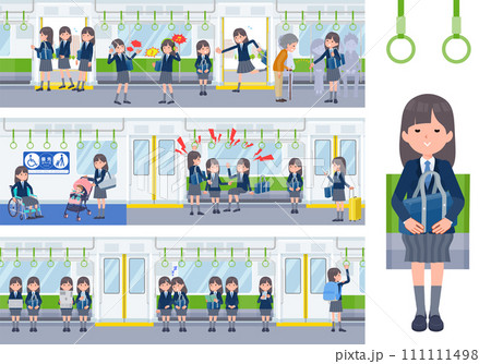 電車に乗る紺ブレザー女子学生のセット 111111498