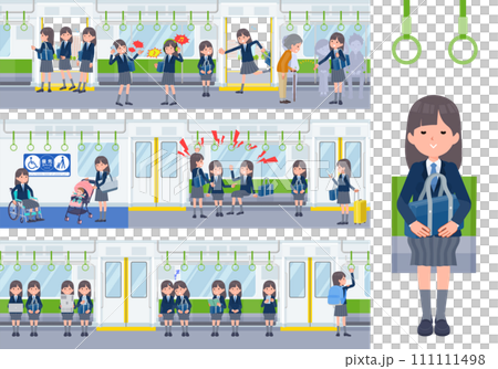 電車に乗る紺ブレザー女子学生のセット 111111498