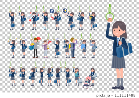A set of female students in navy blue blazers riding a train A set of female students in navy blue blazers riding a train 111111499