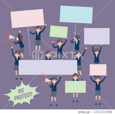 デモ抗議をする紺ブレザー女子学生のセット 111111508