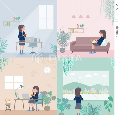 部屋でくつろぐ紺ブレザー女子学生のセット 111111512