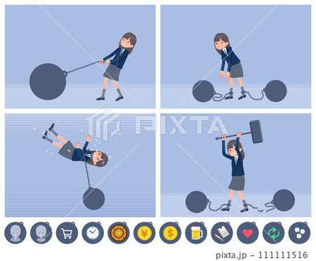 重りを繋がれている紺ブレザー女子学生のセット 111111516