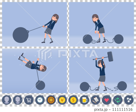 重りを繋がれている紺ブレザー女子学生のセット 111111516