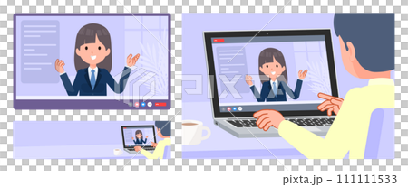 ビデオチャットをしている紺ブレザー女子学生のセット ビデオチャットをしている紺ブレザー女子学生のセット 111111533