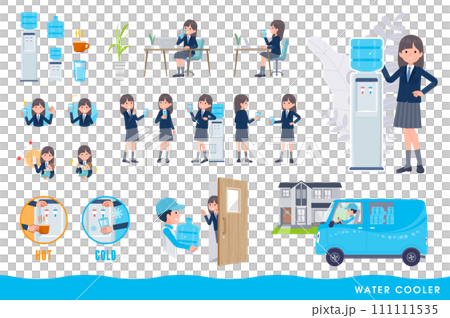 A set of a water server and a female student in a navy blue blazer. Vector art that is easy to edit. 111111535