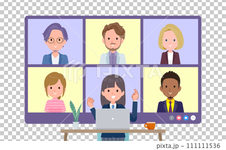 A set of female students in navy blue blazers having an online meeting with multiple people. front angle 111111536