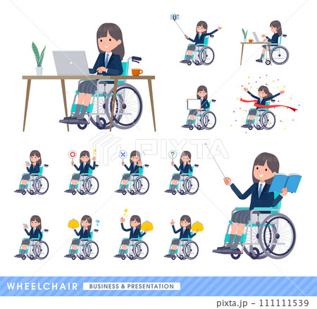 車椅子に乗る紺ブレザー女子学生のセット 111111539