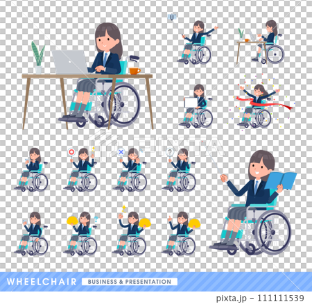 車椅子に乗る紺ブレザー女子学生のセット 111111539