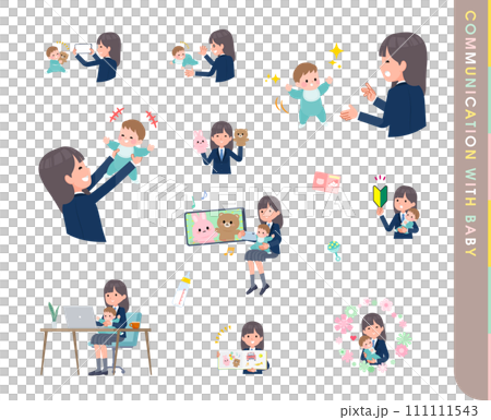 A set of female students in navy blue blazers communicating with babies A set of female students in navy blue blazers communicating with babies 111111543