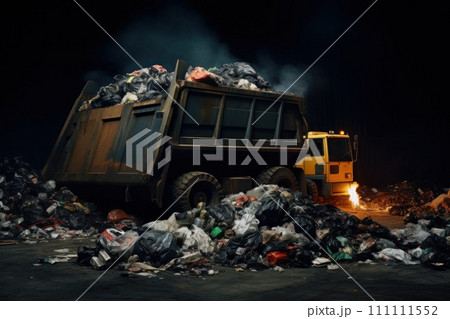 Garbage truck unloading trash at a landfill. Suitable for environmental or waste management purposes 111111552