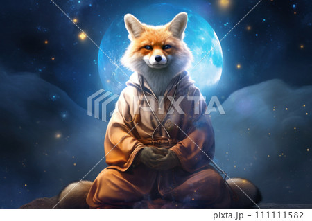 Fox in monk robes meditating under a starry sky. Serene animal practices Zen meditation in lotus position, aiming for enlightenment and inner serenity. Ideal for spiritual or fantasy themes. Fox in monk robes meditating under a starry sky. Serene animal practices Zen meditation in lotus position, aiming for enlightenment and inner serenity. Ideal for spiritual or fantasy themes. 111111582