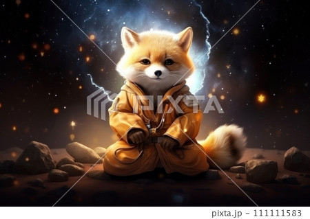 Fox in monk robes meditating under starry sky. Serene animal practices Zen meditation in lotus position, aiming for enlightenment and inner serenity. Ideal for spiritual or fantasy themes. 111111583