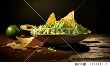 Guacamole. A snack made from avocado pulp with tomatoes, cilantro, vegetables, lime and spices. Traditional Mexican dish. On dark background. For food blog, restaurant, cafe, menu, cookbook Guacamole. A snack made from avocado pulp with tomatoes, cilantro, vegetables, lime and spices. Traditional Mexican dish. On dark background. For food blog, restaurant, cafe, menu, cookbook 111111603