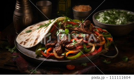 Fajitas with beef and colorful bell peppers, served in skillet with tortillas. On dark background. Traditional Mexican dish. Grilled meat with vegetables. For food blog, restaurant, menu, cookbook 111111604