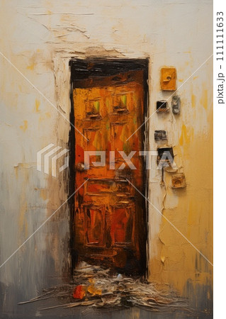Door in wall. In style of oil painting. Metaphorical associative card on theme of Choice, door to the unknown, exit. Psychological abstract picture. Postcard, wall decoration, book illustration. 111111633