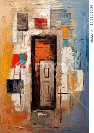 Door in wall. In style of oil painting. Metaphorical associative card on theme of Choice, door to the unknown, exit. Psychological abstract picture. Postcard, wall decoration, book illustration. Door in wall. In style of oil painting. Metaphorical associative card on theme of Choice, door to the unknown, exit. Psychological abstract picture. Postcard, wall decoration, book illustration. 111111634