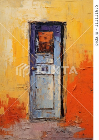 Door in wall. In style of oil painting. Metaphorical associative card on theme of Choice, door to the unknown, exit. Psychological abstract picture. Postcard, wall decoration, book illustration. 111111635