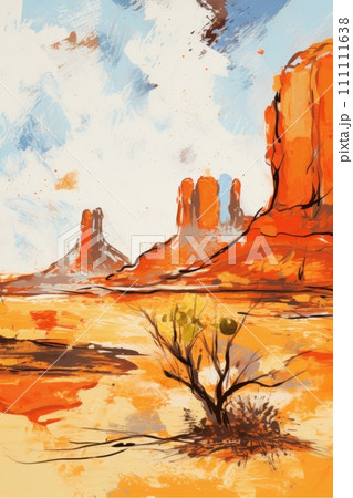 Yellow Desert. In style of impressionism and oil painting. Metaphorical associative card on theme travel or emptiness. Psychological abstract picture. Postcard, wall decoration, book illustration. 111111638