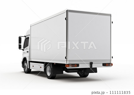 White commercial delivery truck on white background with shadow on the ground. Back view, closeup mockup 111111835