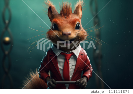 Funny anthropomorphic squirrel in red jacket and red tie. 111111875