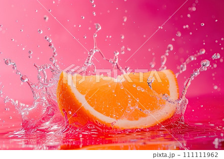 Powerful liquid explosion, sliced orange, pink Background 111111962
