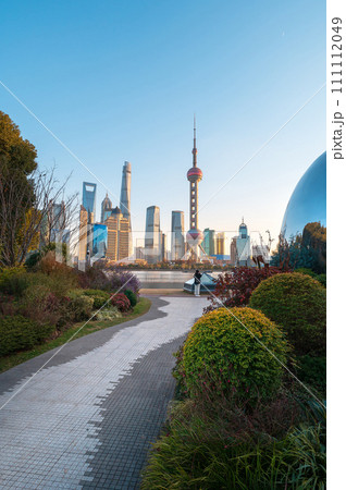 Shanghai sunset at the North Bund with epic skyline 111112049
