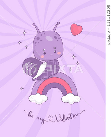 Cute groovy snail boy on rainbow. Funny enamored insect kawaii character. Vector illustration. Cool poster Valentines card with slogan in retro style. 111112209