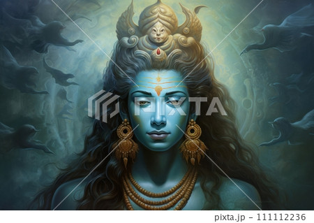 God Shiva. Hindu deity. A man with blue skin wearing a crown and jewelry. On a blue fantasy background. Lord Shiva meditating. Fantasy illustration. God Shiva. Hindu deity. A man with blue skin wearing a crown and jewelry. On a blue fantasy background. Lord Shiva meditating. Fantasy illustration. 111112236