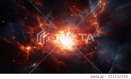 Galactic Blaze. Explosions in space with fiery flashes. A digital art representation of cosmic burst. Big cosmic explosion in space against the background of stars and galaxies 111112258