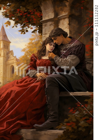 Couple of lovers in medieval attire hugging in castle courtyard. Prince and princess in love on date. Scene from historical novel. Style of oil painting. For cover of female romance fantasy novel 111112282