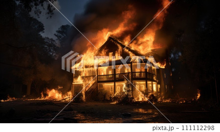 Fire in the house. The house is on fire, engulfed in flames. Burning building. Wildfire. Inferno Destroys Home. Catastrophe, accident. Residential Ruin. Fire in the house. The house is on fire, engulfed in flames. Burning building. Wildfire. Inferno Destroys Home. Catastrophe, accident. Residential Ruin. 111112298